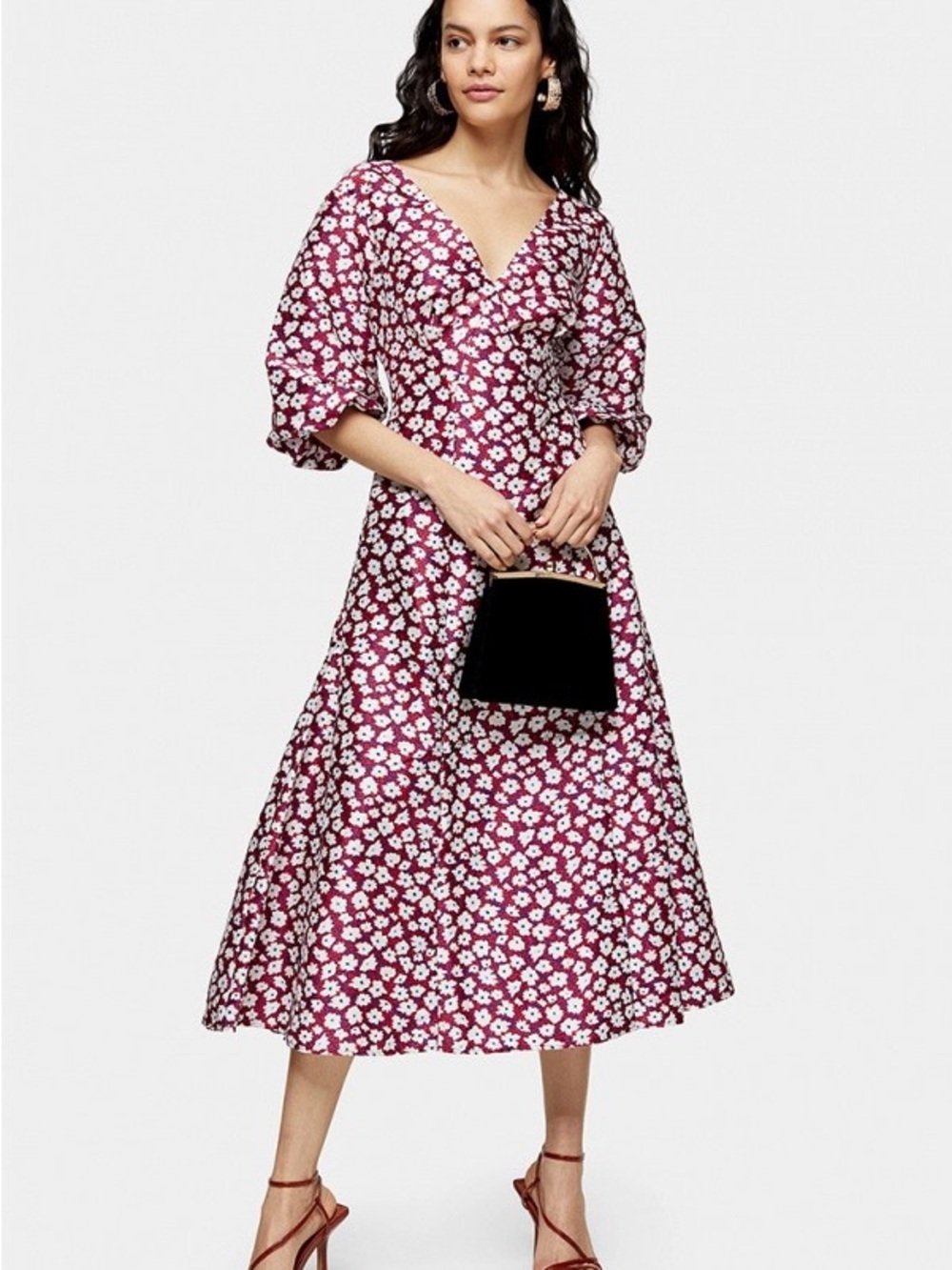 TOPSHOP Daisy Print Puff Midi Dress In Red